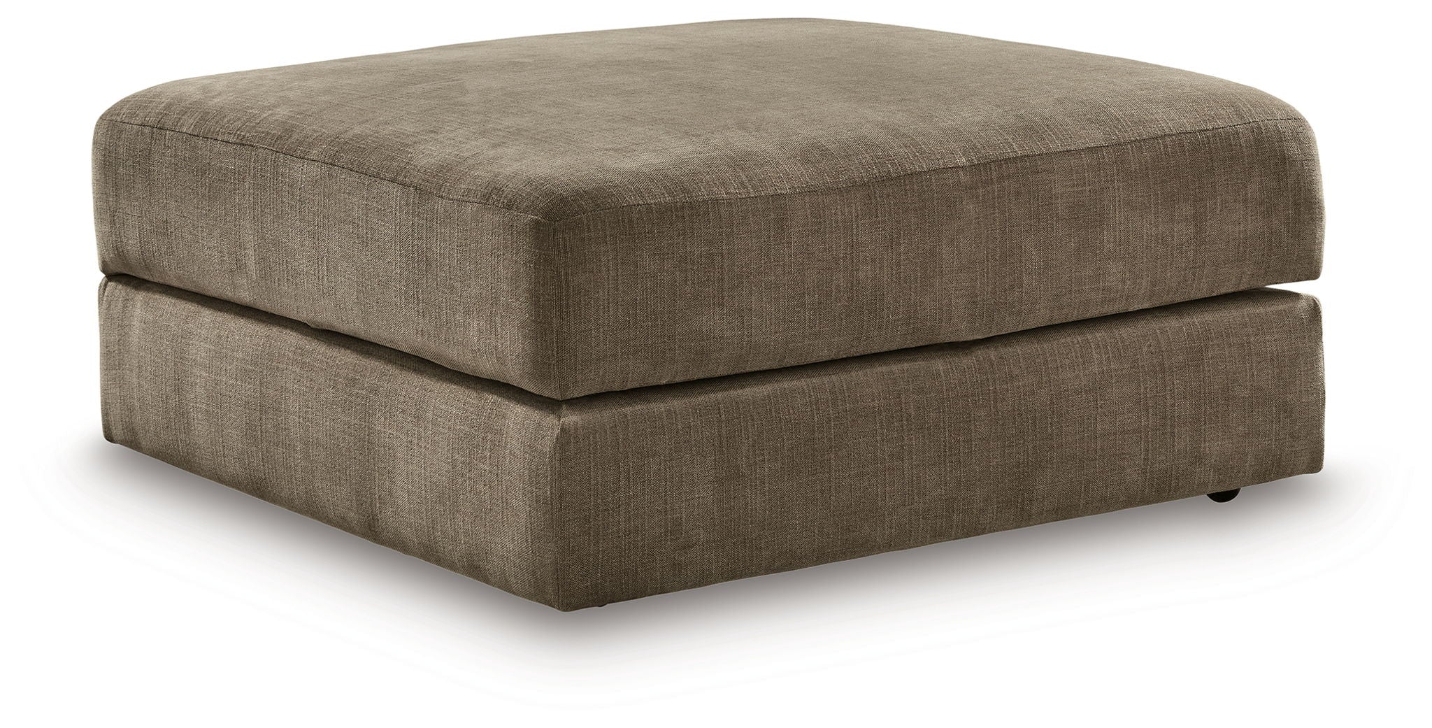 Coffee-toned fabric ottoman with storage, square padded top and low skirted base