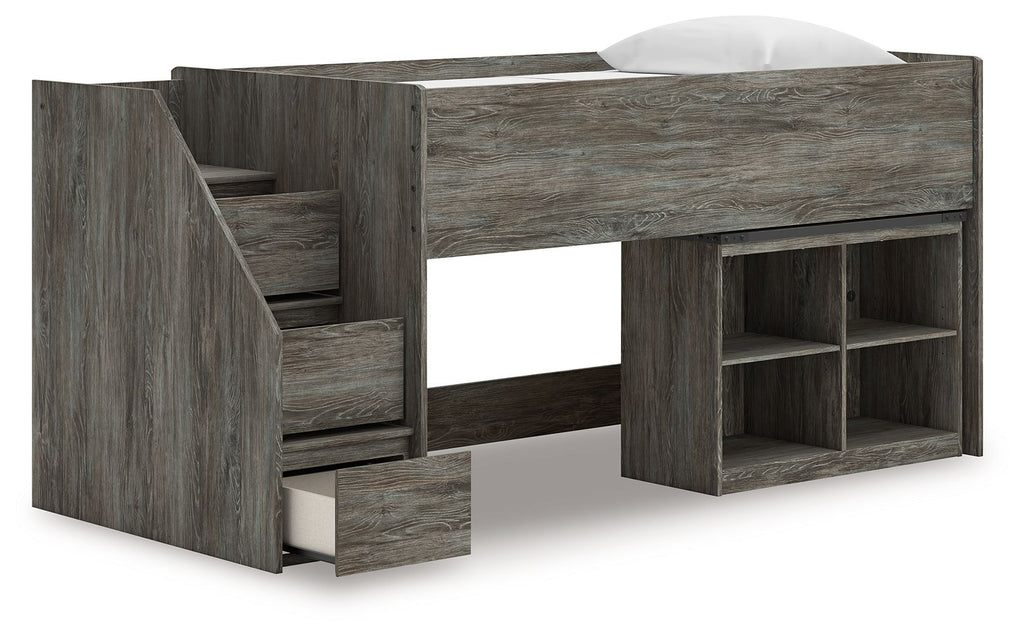 Gray loft bed with storage stairs and right-side shelving units under the frame