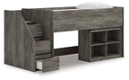 Gray loft bed with storage stairs and right-side shelving units under the frame