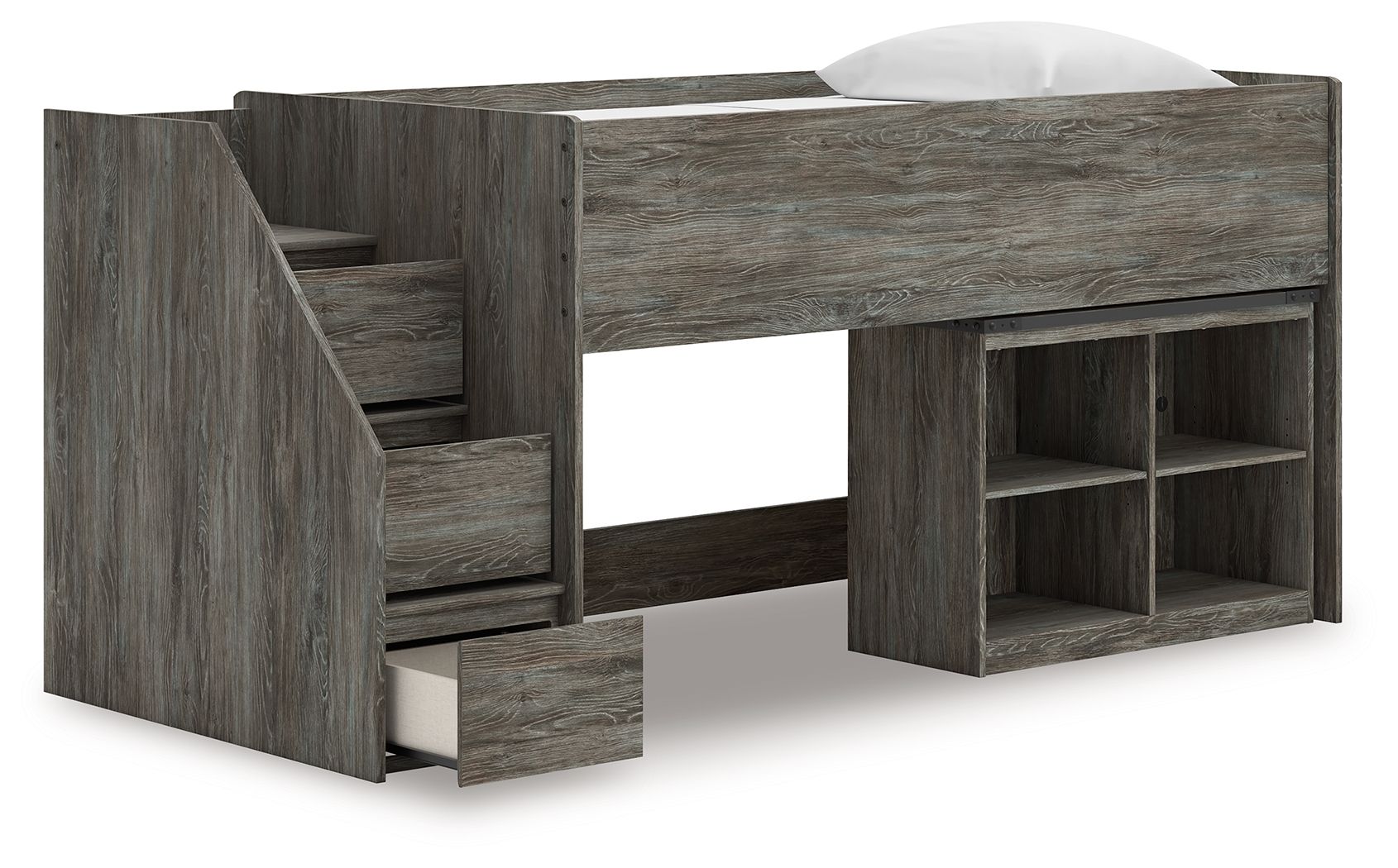 Gray loft bed with storage stairs and right-side shelving units under the frame