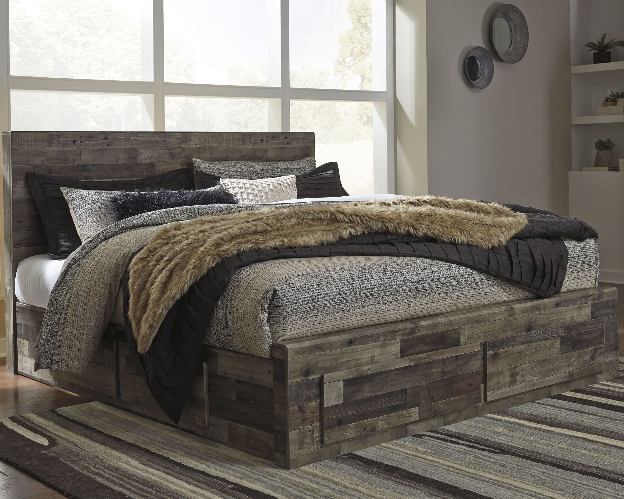 Derekson panel bedroom set bed frame with dark wood paneling and upholstered headboard