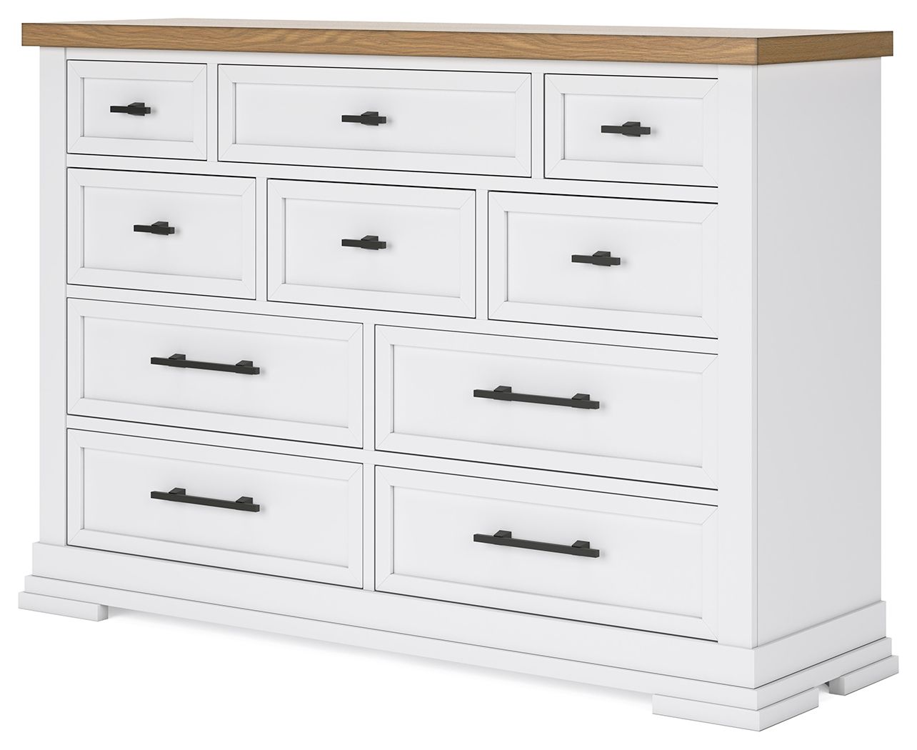 White dresser with black bar handles and natural wood top, multi-drawer front.