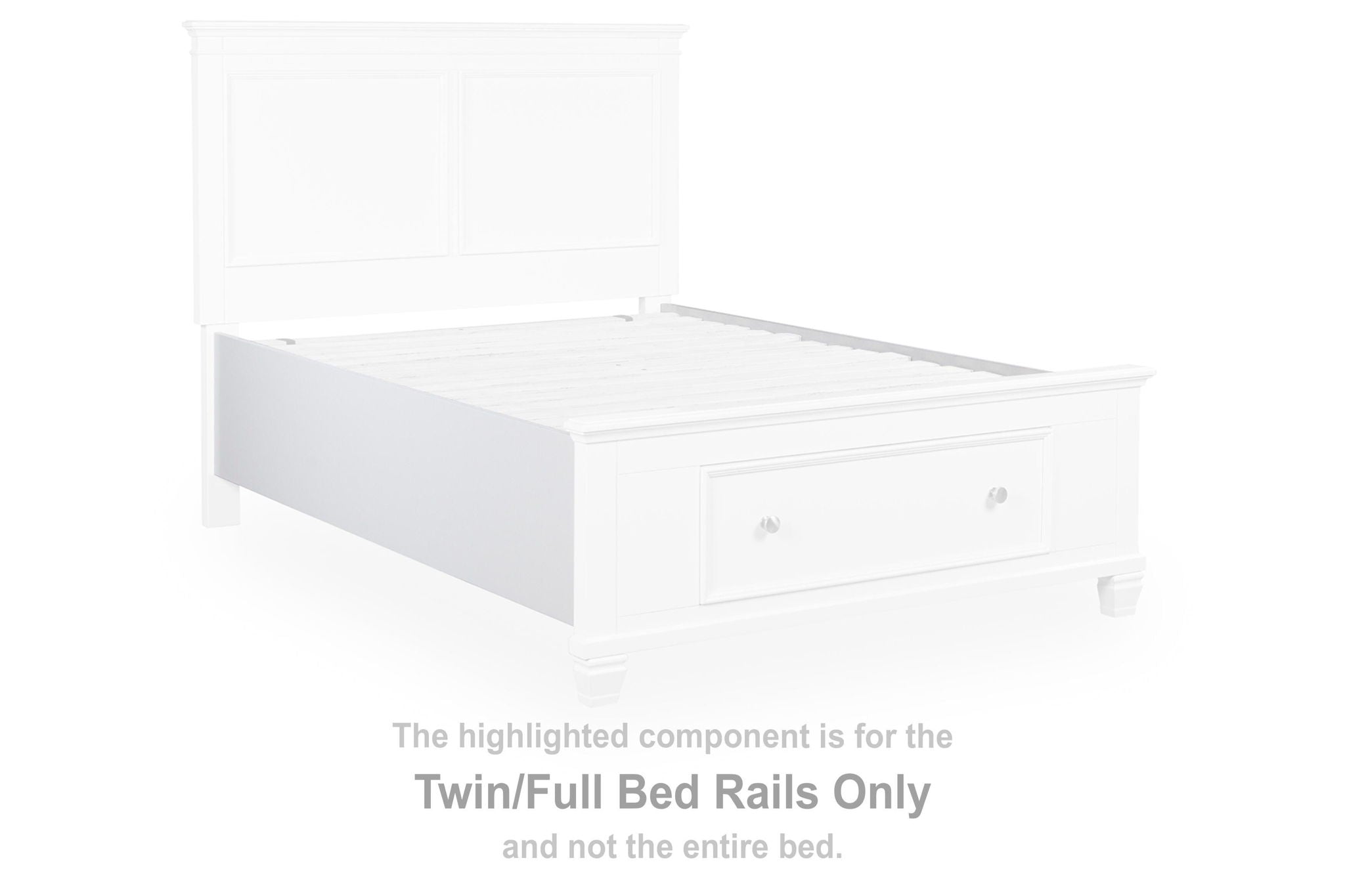 White twin/full bed rails with molded panel and side support brackets