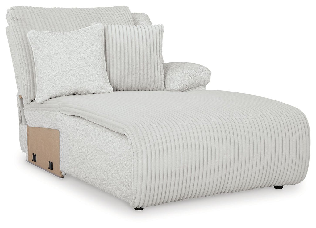 Light gray striped upholstered chaise lounge with square arm and back cushions