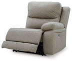 Pebble gray power recliner with reclining footrest and rounded arm console