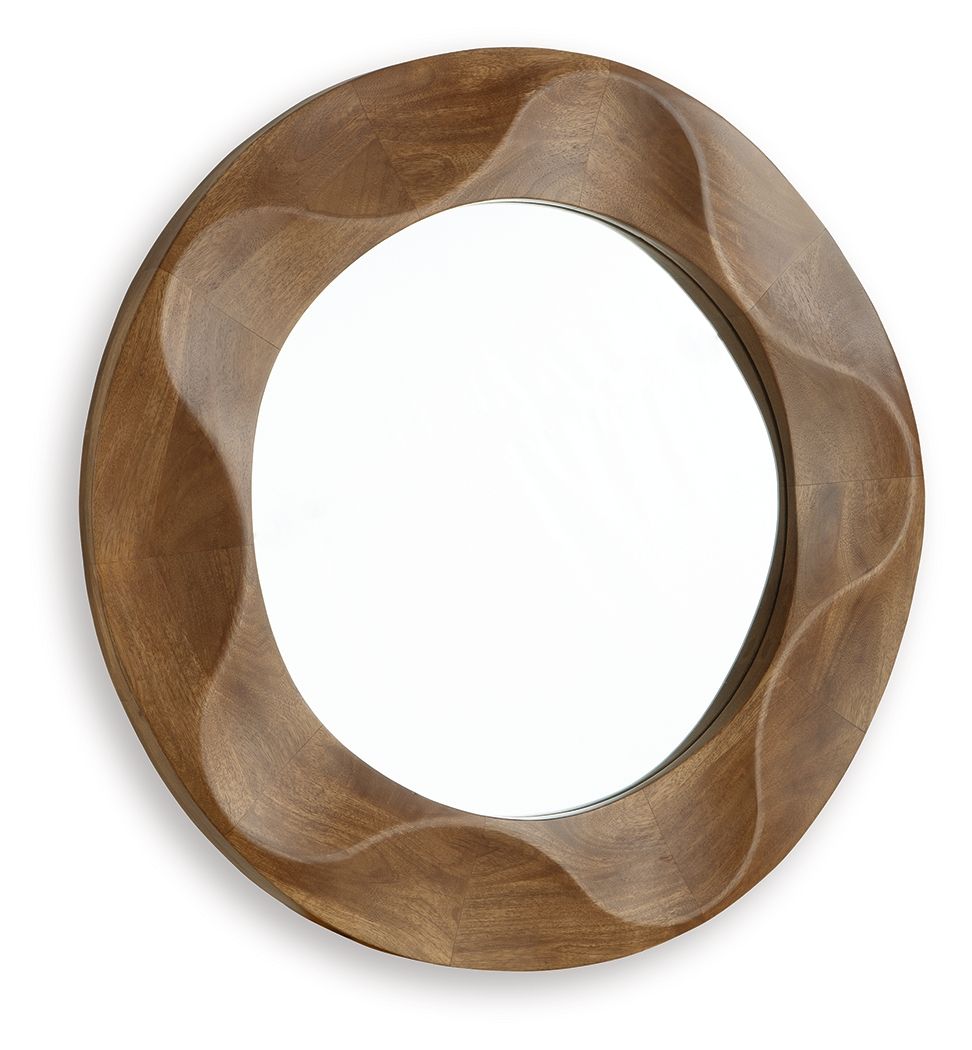 Brown oval accent mirror with curved wood frame and reflective glass center