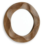 Brown oval accent mirror with curved wood frame and reflective glass center