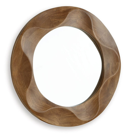 Brown oval accent mirror with curved wood frame and reflective glass center