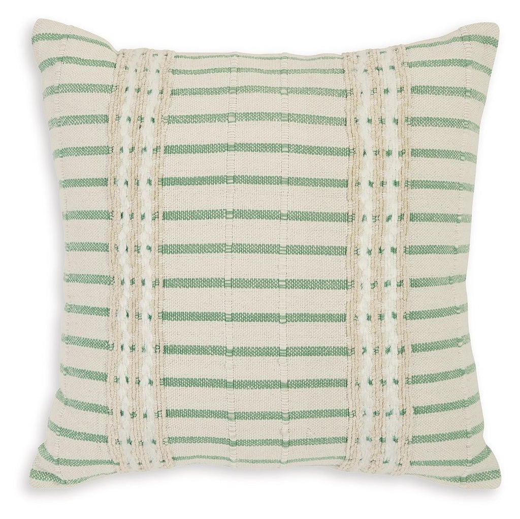 Green striped square pillow with beige embroidered trim and ties