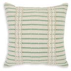 Green striped square pillow with beige embroidered trim and ties