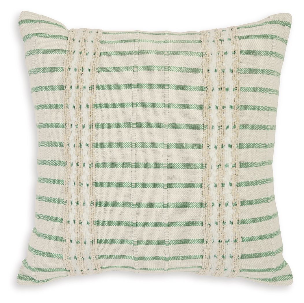Green striped square pillow with beige embroidered trim and ties
