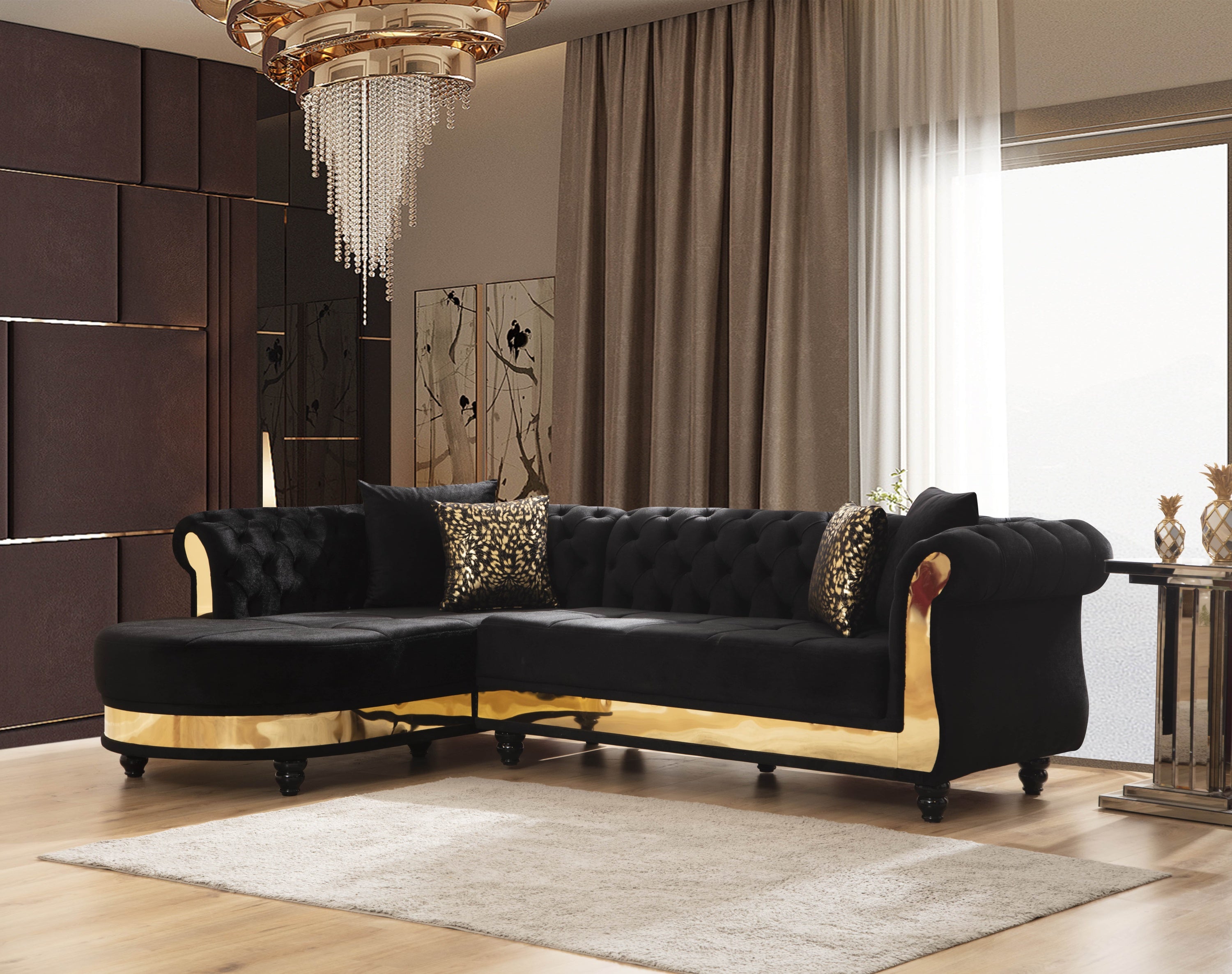 Black Wood Sectional Sofa - Gold Tufted Upholstery