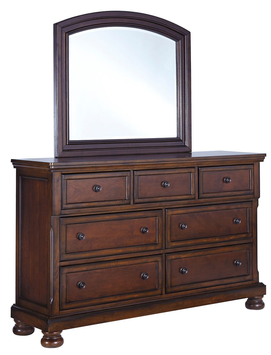 Porter dresser with arched mirror frame in rustic brown, multiple drawers with knobs