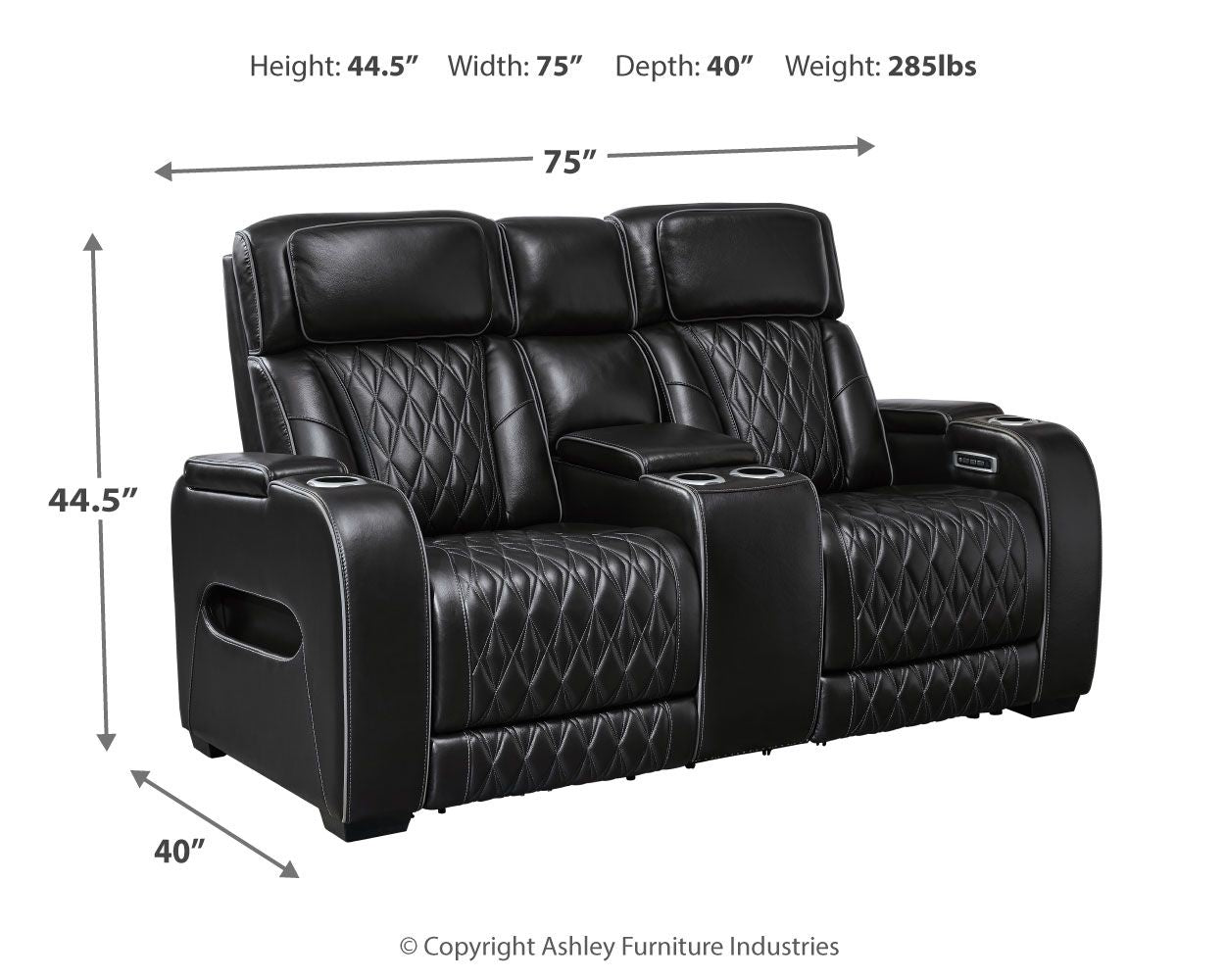 Black power reclining loveseat with console, quilted upholstery, and adjustable headrests