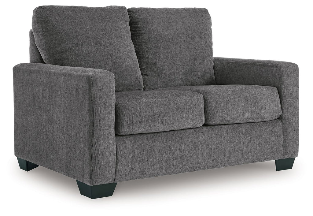 Dark gray upholstered sofa with two front seat cushions