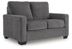 Dark gray upholstered sofa with two front seat cushions