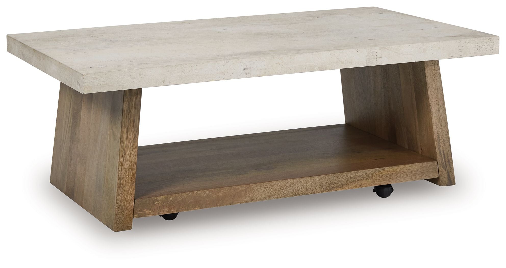 Rectangular table with light brown wood legs, concrete-look top, and lower shelf