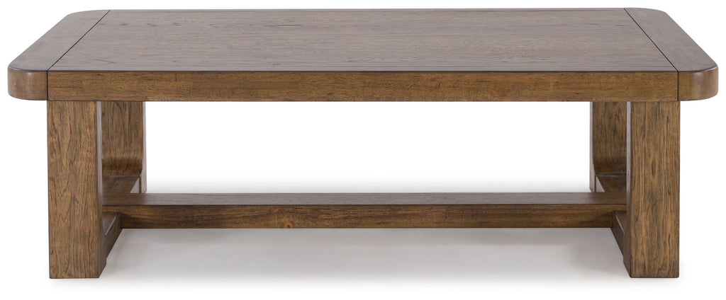 Rectangular light brown wood cocktail table with open lower shelf, front view