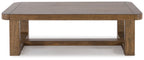 Rectangular light brown wood cocktail table with open lower shelf, front view