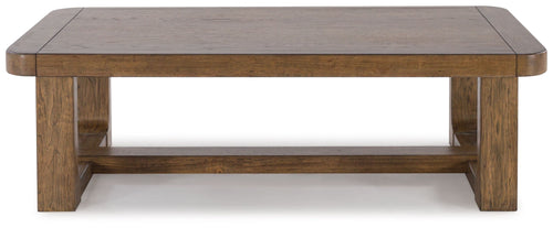 Rectangular light brown wood cocktail table with open lower shelf, front view