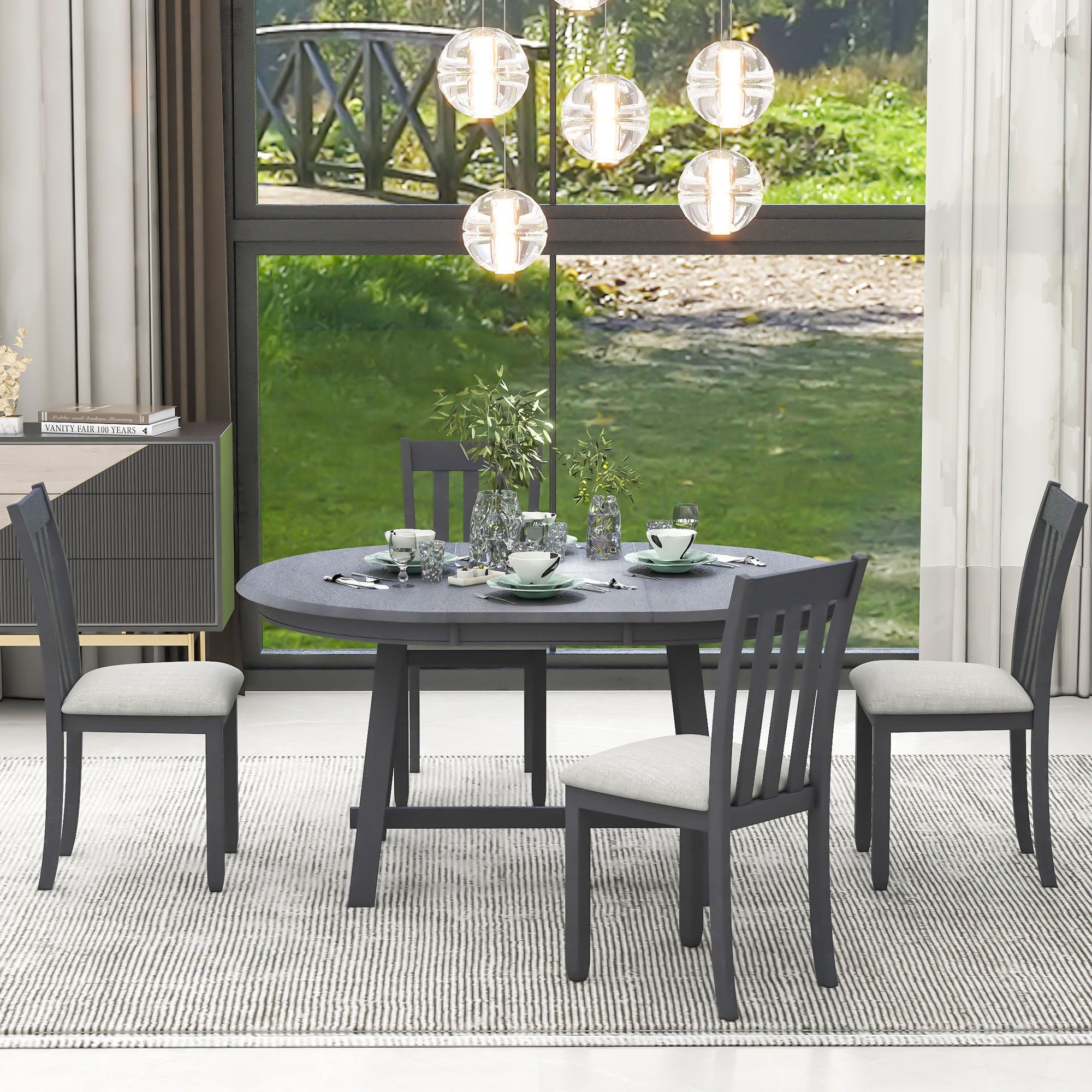5-Piece Round Extendable Dining Table Set (Gray)
