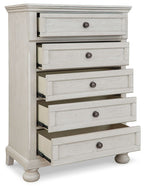 Antique white five-drawer youth chest with drawers open, showing the interior