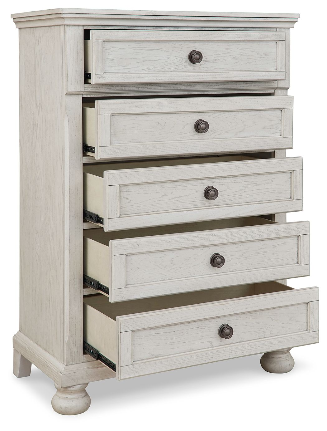 Antique white five-drawer youth chest with drawers open, showing the interior