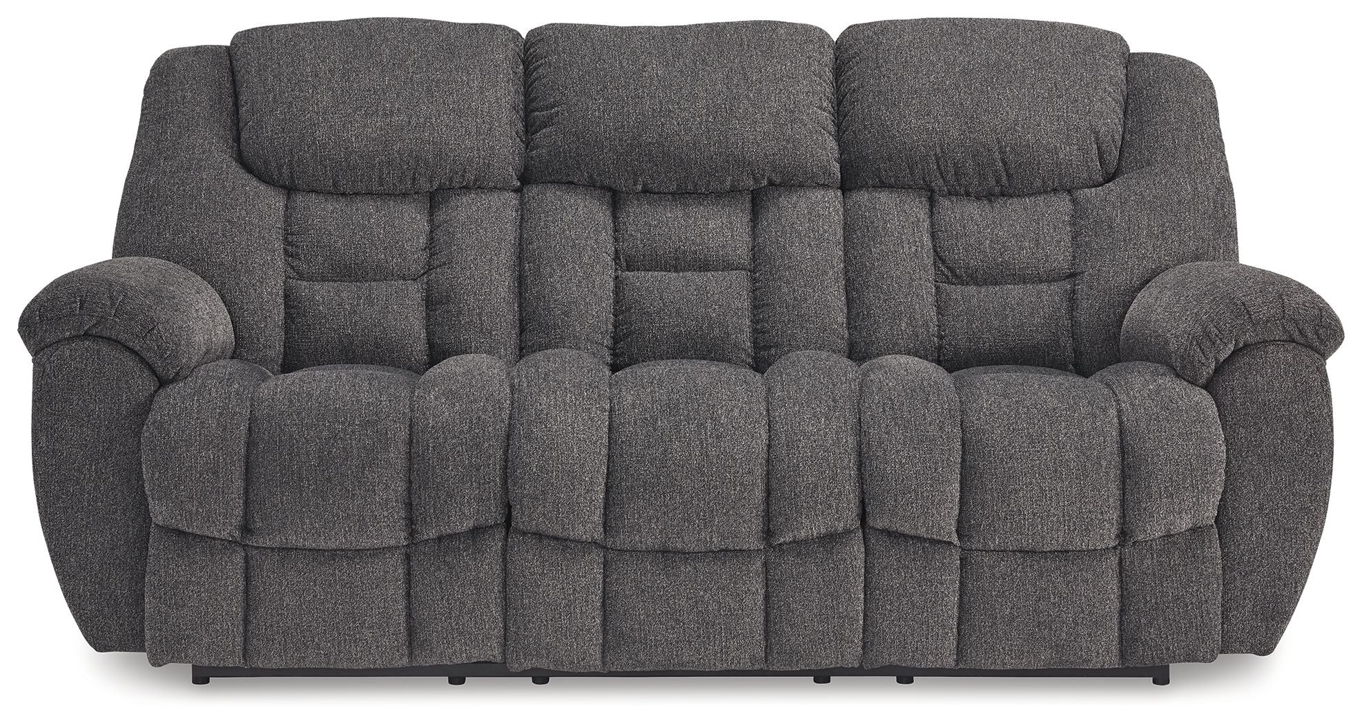 Dark gray reclining sofa with square tufted cushions and padded armrests