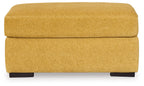Keerwick sunflower yellow ottoman with thick top cushion and black square feet
