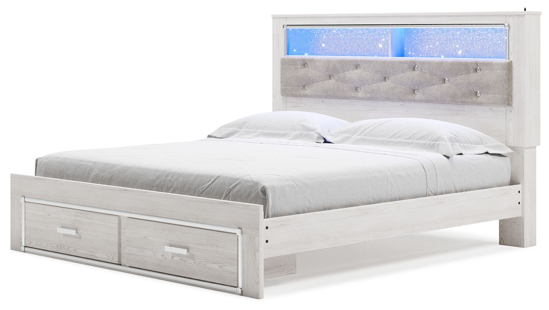 White king upholstered bookcase bed with tufted headboard and two front drawers
