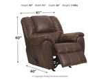 Walnut brown leather rocker recliner with padded headrest, armrest controls, and recline base