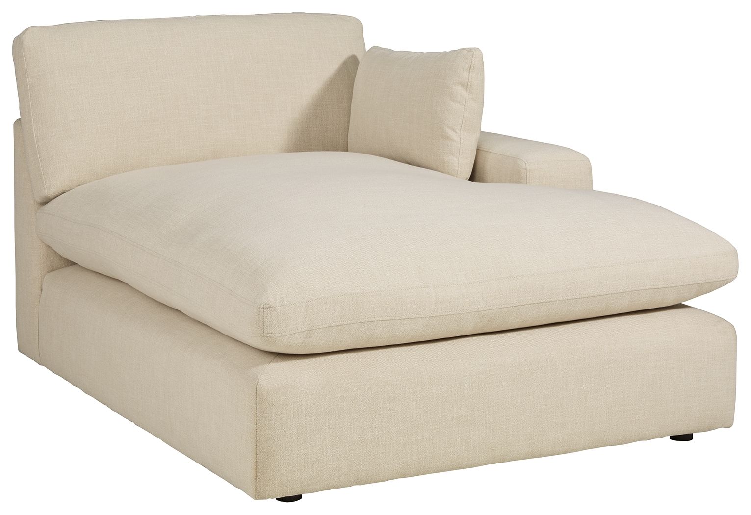 Light linen corner chaise with back cushion, broad seat, and squared arms.