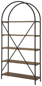 Black metal bookcase with arched top, brown shelves, and X-brace design