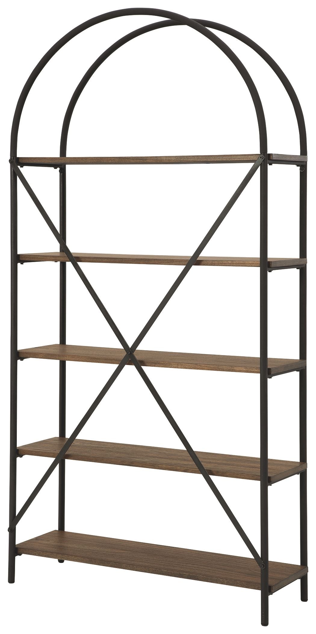 Black metal bookcase with arched top, brown shelves, and X-brace design