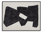 Framed abstract wall art with bold black angular bars and central oval cutout