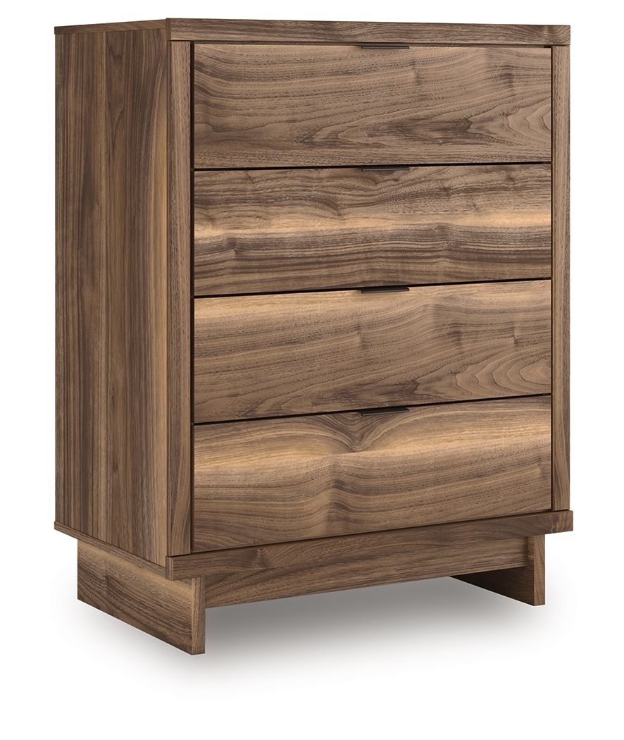 Brown four-drawer chest with wood-grain panels and flat drawer fronts