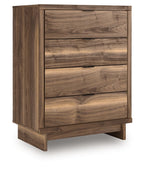 Brown four-drawer chest with wood-grain panels and flat drawer fronts