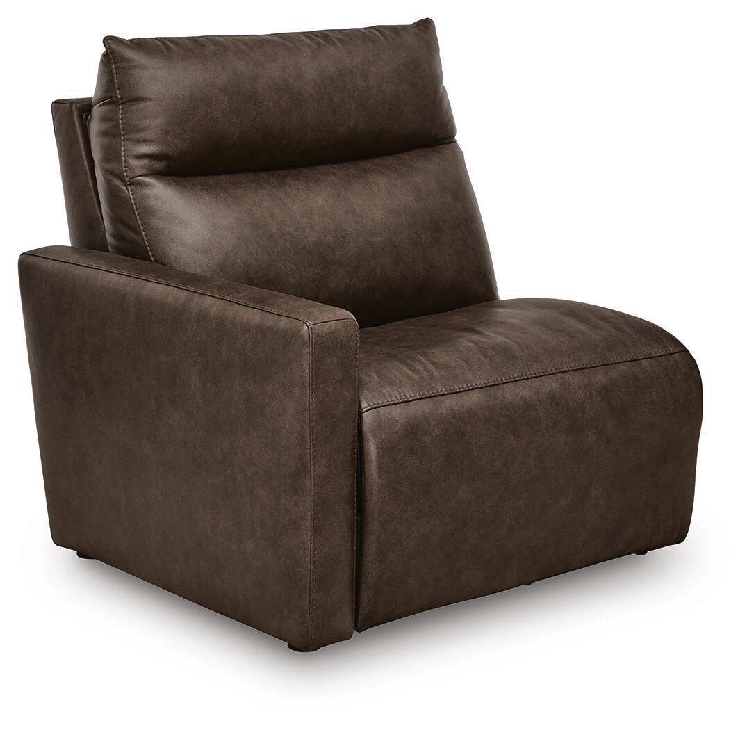 Chocolate brown fabric power wall recliner with padded arms and headrest