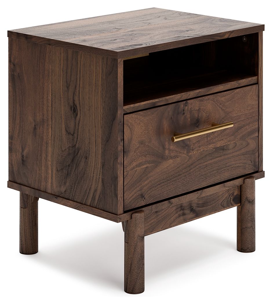 Mocha one-drawer night stand with open shelf and brushed gold handle