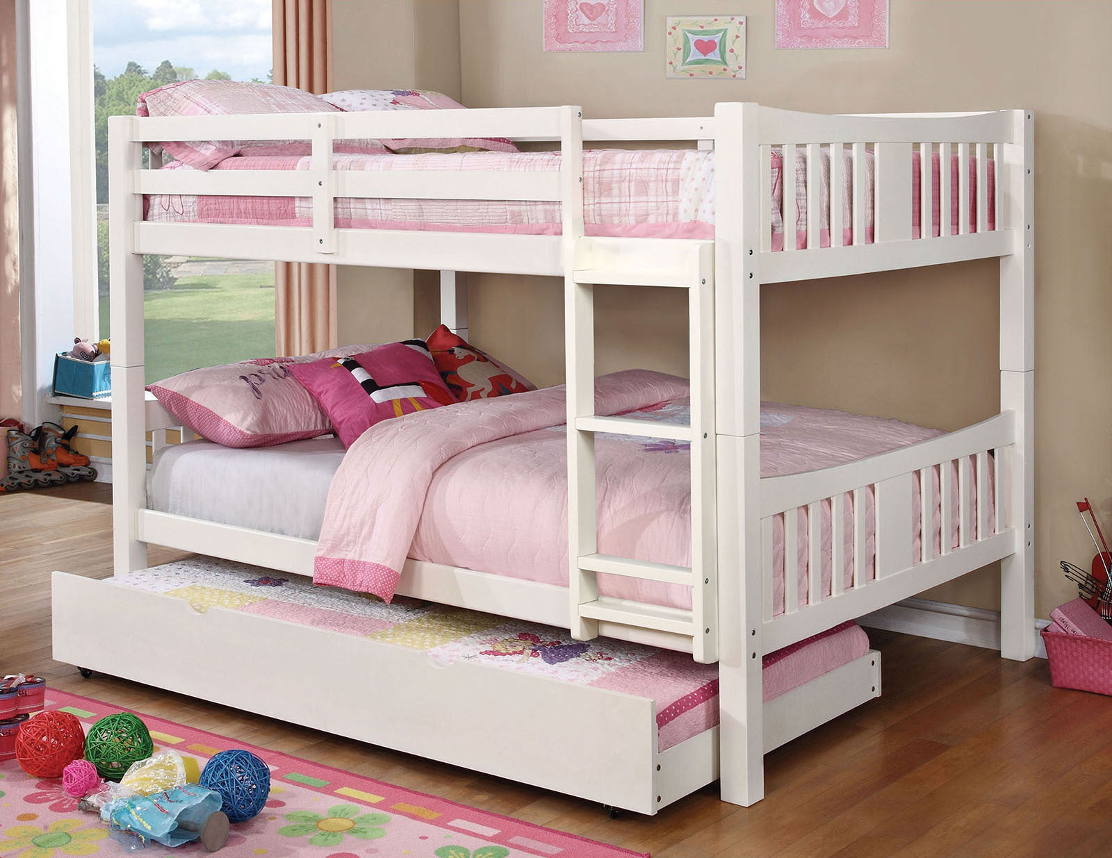 White Full Over Full Bunk Bed, Transitional, Ladder, Trundle Included