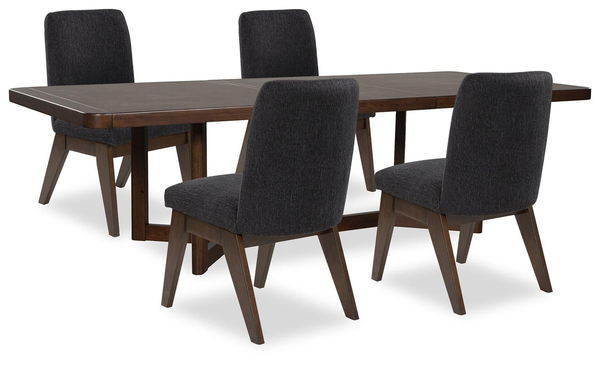 Dining table set with dark brown tabletop and dark gray upholstered chairs