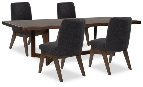 Dining table set with dark brown tabletop and dark gray upholstered chairs