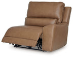 Caramel power recliner with wide seat, tufted back, and footrest extended