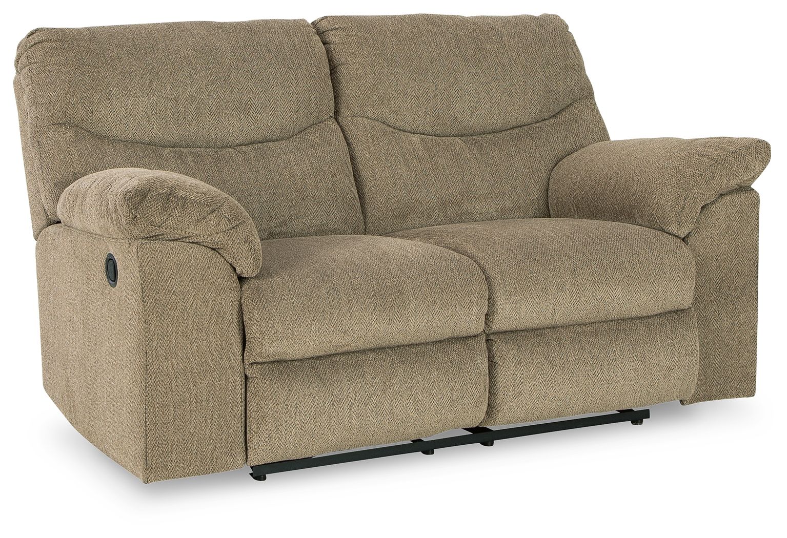Reclining loveseat in beige fabric with padded armrests and two back cushions