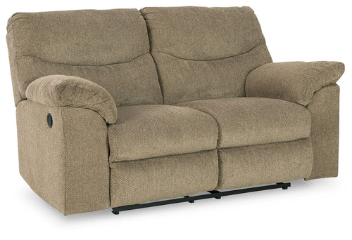 Reclining loveseat in beige fabric with padded armrests and two back cushions