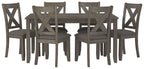Gray rectangular dining table with six cross-back chairs and upholstered seats