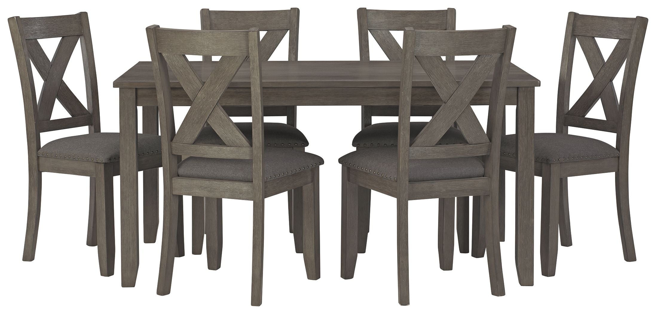 Gray rectangular dining table with six cross-back chairs and upholstered seats