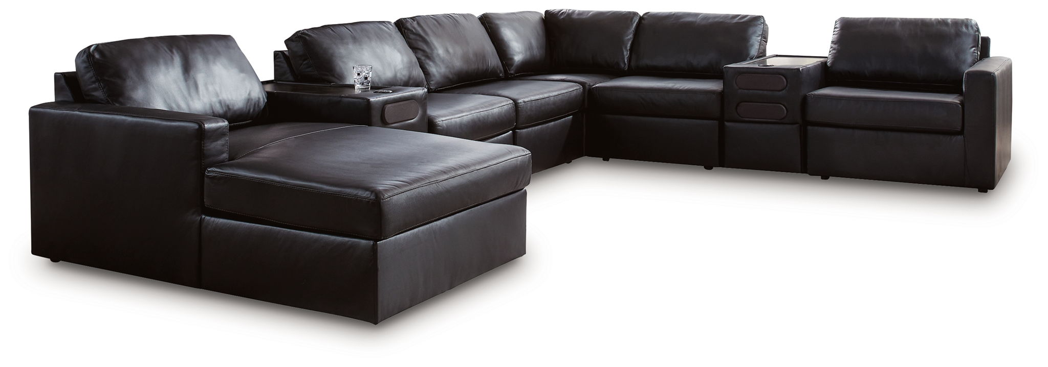 Black sectional sofa with long chaise seats and angled chaise section