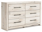 Storage bedroom set dresser side view with six drawers, light wood finish, dark bar pulls