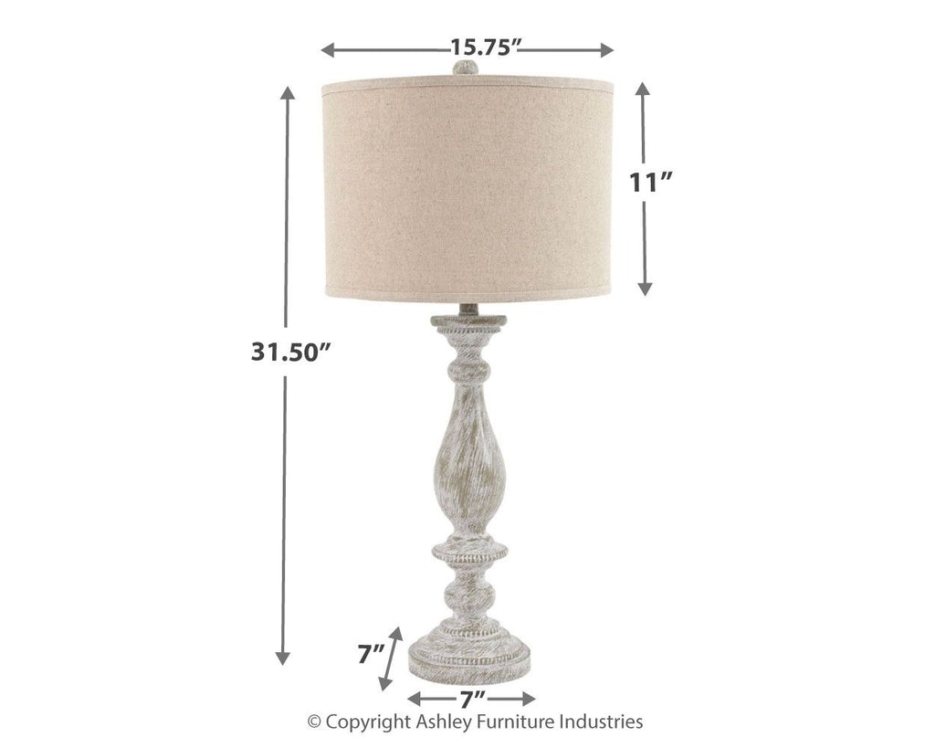 Poly table lamp diagram with dimensions and beige fabric drum shade